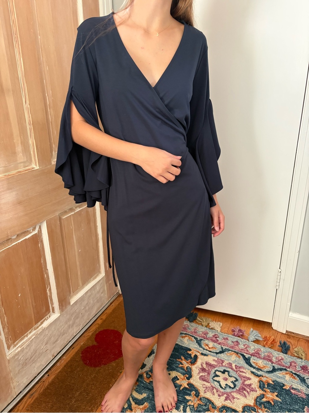 Banana Republic Navy Wrap Midi Dress with Flutter Sleeves